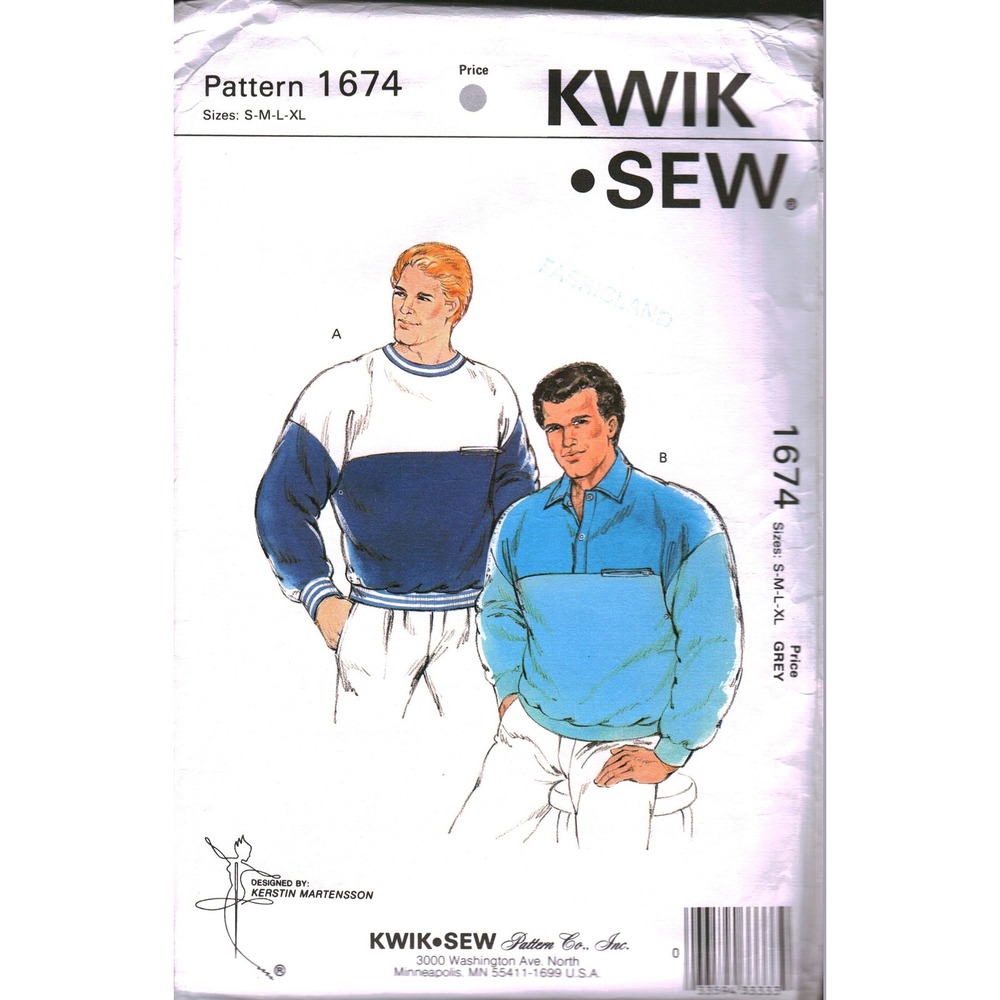 Vintage Kwik Sew 1674 Mens Sweatshirt Shirt Pattern 1987 Size S-XL Color Block